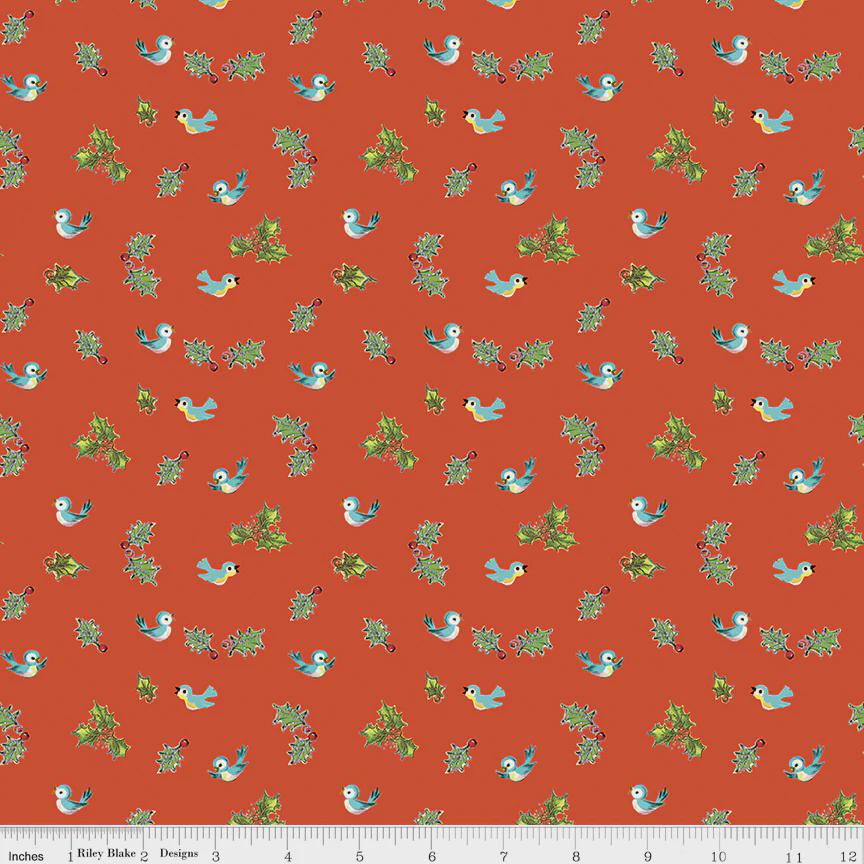 Riley Blake Jingle Bells Holly Birds Red by Lindsay Wilkes C14835-RED for Christmas quilting apparel home decor 100% cotton fabric
