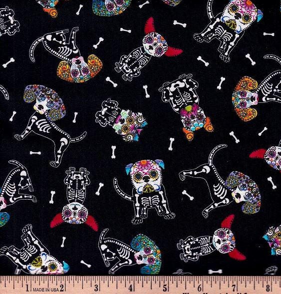 Hi Fashion Halloween C7273 Black - Sugar Skull Dogs Halloween 100% Cotton Fabric