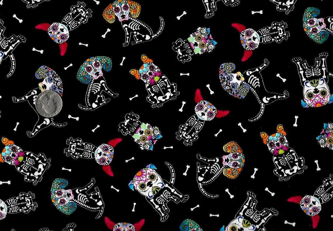 Hi Fashion Halloween C7273 Black - Sugar Skull Dogs Halloween 100% Cotton Fabric