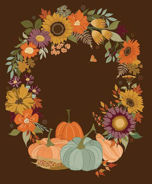 The Awe of Autumn Autumn Wreath Panel  PD16198-BROWN PANEL 100% Cotton Fabric 35 1/2" x 43" free PDF pattern