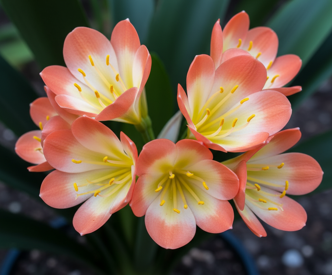 Clivia seedling cross between Tangelo and multipetal Japanese Blush 5-6 inches tall one plant