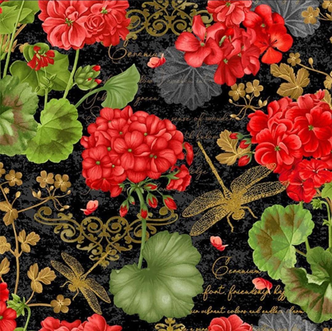 Timeless treasures scarlet beauty  geranium dragonfly collage FLEUR-CD3180 BLACK 100% Cotton fabric