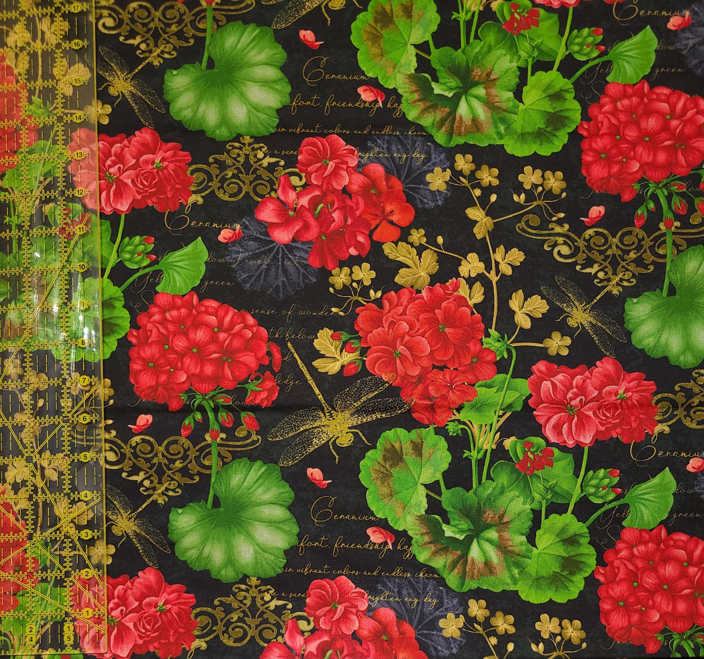 Timeless treasures scarlet beauty  geranium dragonfly collage FLEUR-CD3180 BLACK 100% Cotton fabric