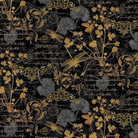 Timeless treasures scarlet beauty  text and floral FLEUR-CD3182 BLACK 100% Cotton fabric