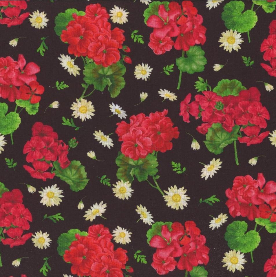 Timeless treasures scarlet beauty  Greaniums and Daisies FLEUR-CD3185 BLACK 100% Cotton fabric