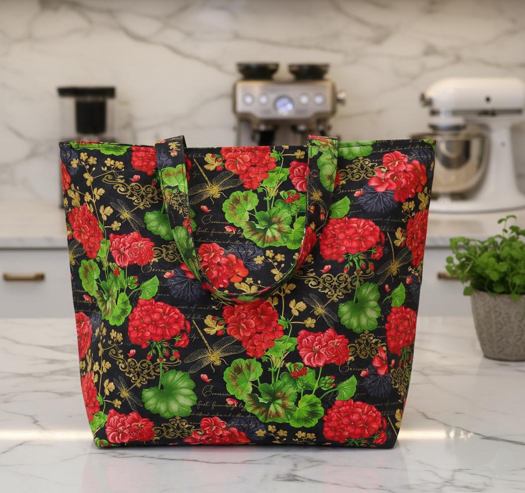 Timeless treasures scarlet beauty  geranium dragonfly collage FLEUR-CD3180 BLACK 100% Cotton fabric