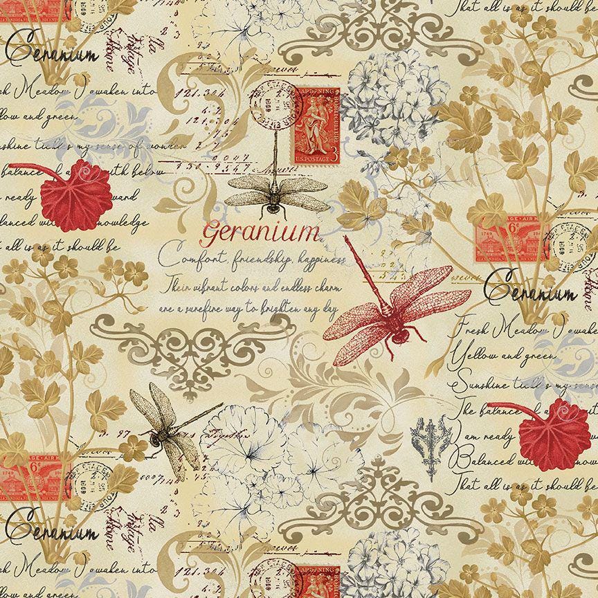 Timeless treasures scarlet beauty text and floral Fleur-CD3182 cream 1 ...