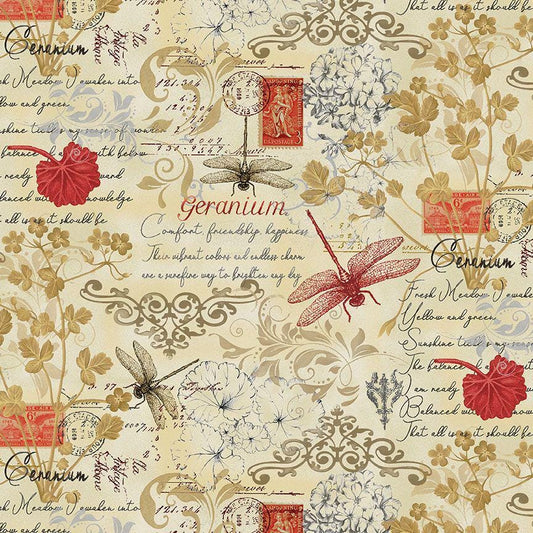 Timeless treasures scarlet beauty  text and floral Fleur-CD3182 cream 100% Cotton fabric
