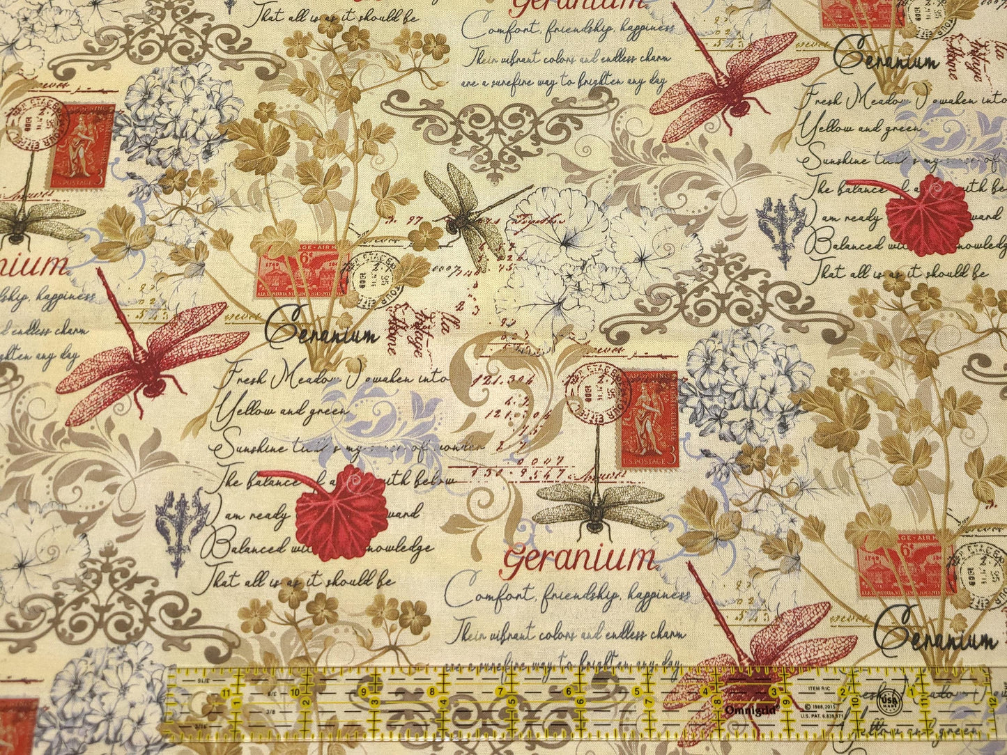 Timeless treasures scarlet beauty  text and floral Fleur-CD3182 cream 100% Cotton fabric