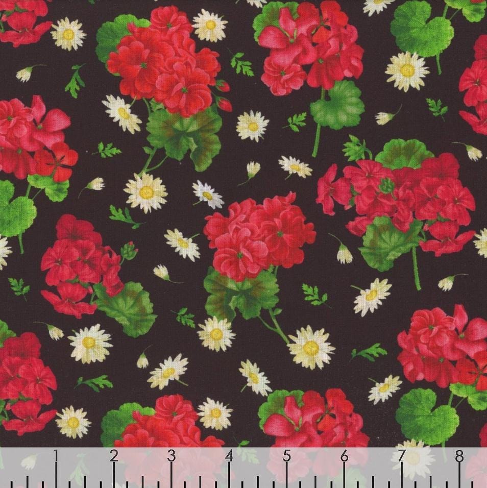 Timeless treasures scarlet beauty  Greaniums and Daisies FLEUR-CD3185 BLACK 100% Cotton fabric
