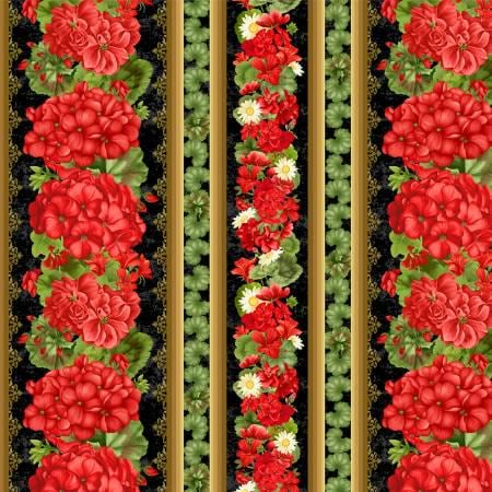 Timeless treasures scarlet beauty  border stripe FLEUR-CD3181 black 100% Cotton fabric
