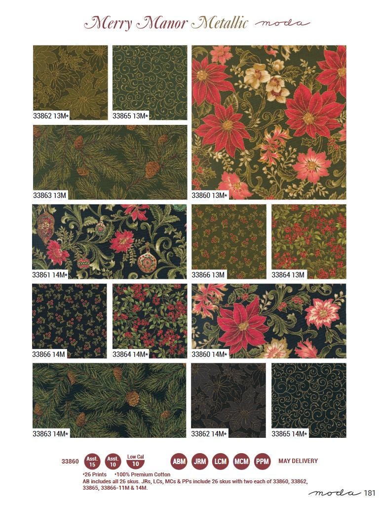 Moda Merry Manor metallic 2025fat quarter bundle 26 pcs 33860ABM 100%  quilting Cotton fabric Pre-cut