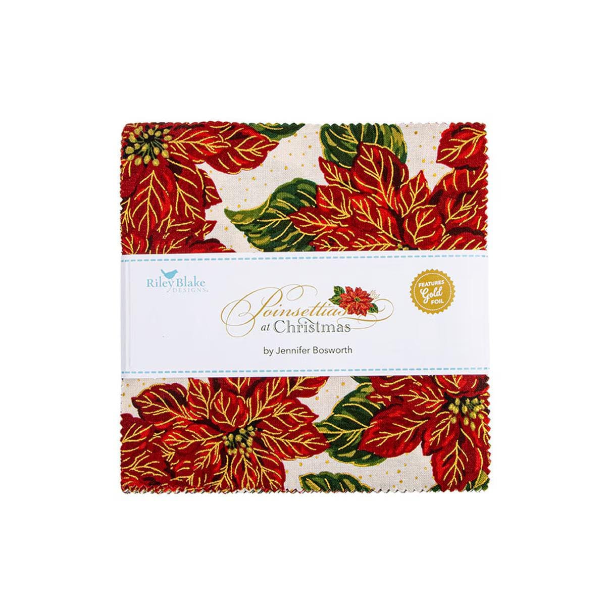 Riley Blake Poinsettias at Christmas metallic 5" Stacker charm pack 100% cotton  Pre-cut