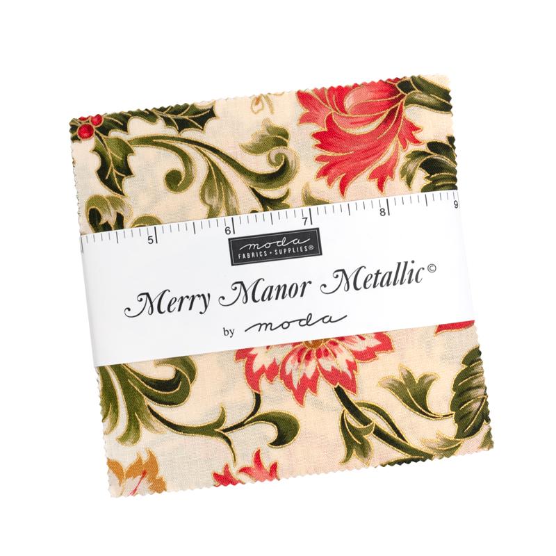 Moda Merry Manor 2025 metallic Charm Pack 33860PPM 42 Piece Assorted Charm Pack 5" x 5" 100% quilting Cotton fabric Pre-cut