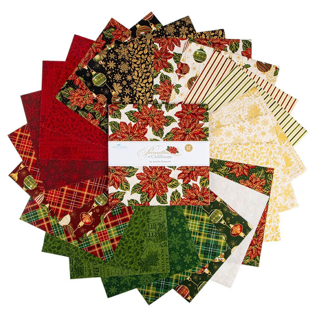Riley Blake Poinsettias at Christmas metallic 10" Stacker layer cake 100% cotton  Pre-cut