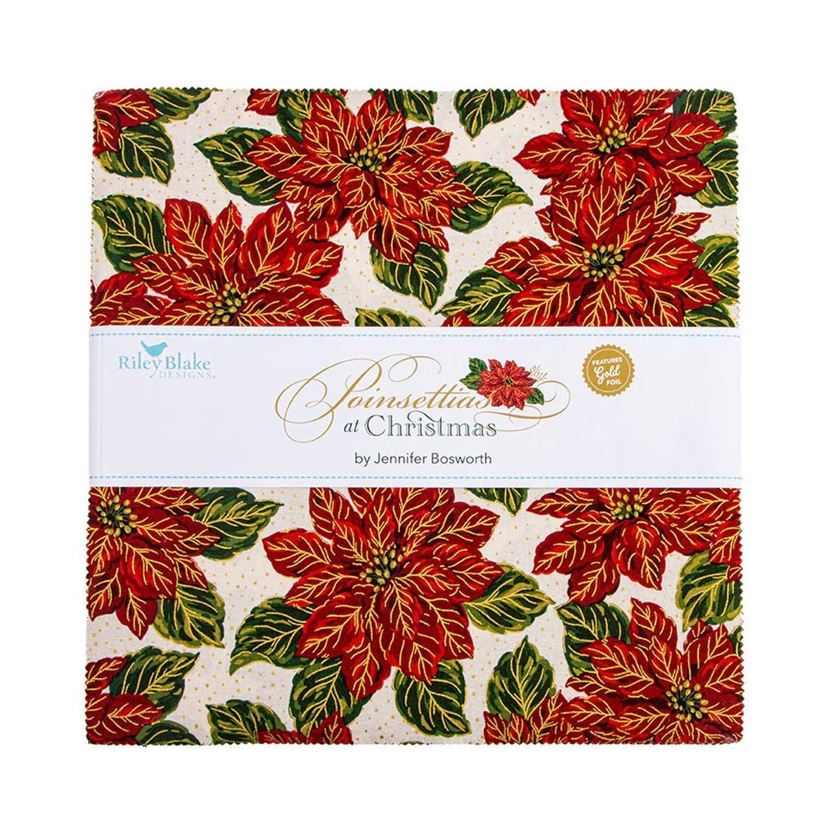 Riley Blake Poinsettias at Christmas metallic 10" Stacker layer cake 100% cotton  Pre-cut