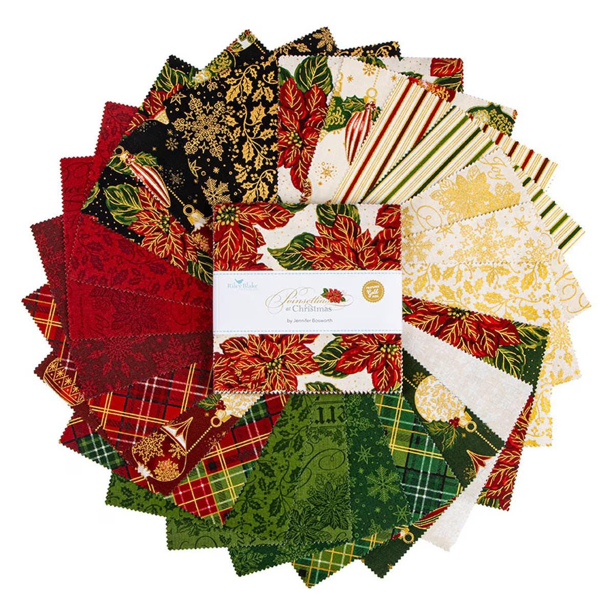 Riley Blake Poinsettias at Christmas metallic 5" Stacker charm pack 100% cotton  Pre-cut