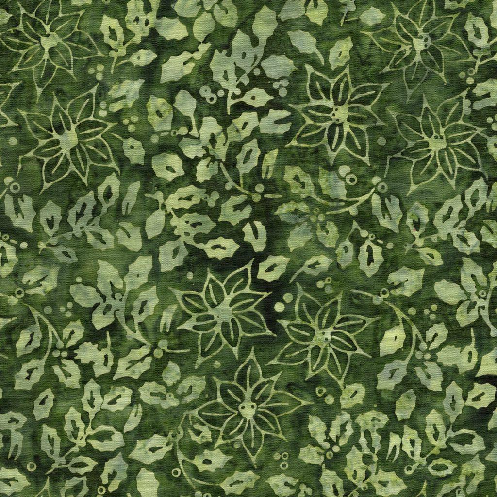 Island Batik  122504650 / Holly and Poinsettias Green Gecko Holiday Follies Lumin Fabrics 100% cotton Batik fabric