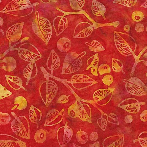 Island Batik 622406355 / Berries and Leaves-Red Candy Forest Flora Lumin Fabrics 100% cotton Batik fabric