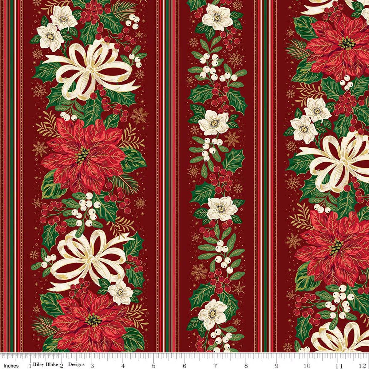 Poinsettias at Christmas Border Stripe Green Foil CF17637-Red by Jennifer Bosworth for Riley Blake Designs 100% cotton fabric